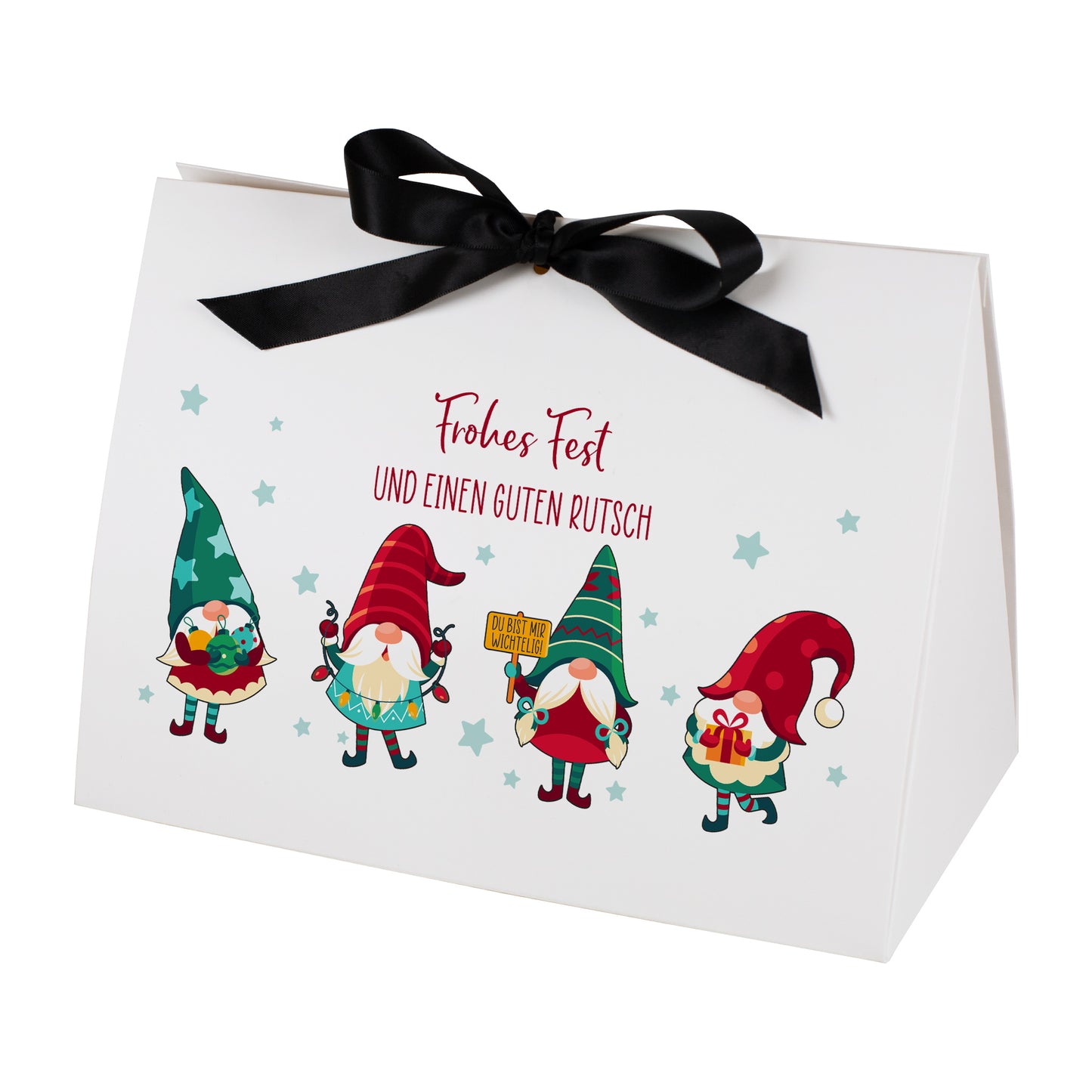 Freigestellte große Geschenkverpackung zu Weihnachten mit schwarzer Satinschleife. Aufgedruckt ist das Wichtelmotiv mit vier Figuren sowie der rote Festtagsgruß „Frohes Fest und einen guten Rutsch“. Die Box steht vor weißem Hintergrund und zeigt alle Druckdetails gestochen scharf.