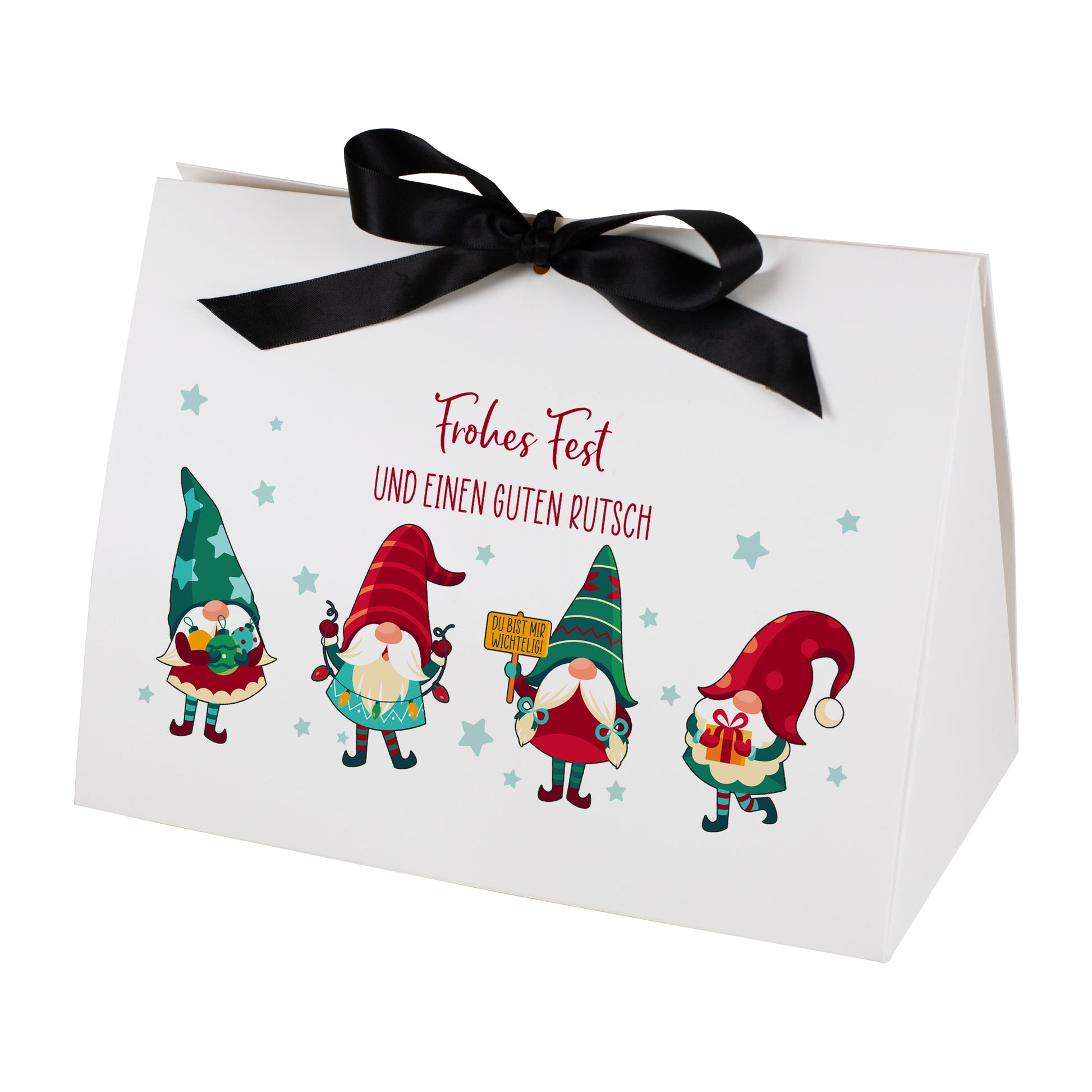 Freigestellte große Geschenkverpackung zu Weihnachten mit schwarzer Satinschleife. Aufgedruckt ist das Wichtelmotiv mit vier Figuren sowie der rote Festtagsgruß „Frohes Fest und einen guten Rutsch“. Die Box steht vor weißem Hintergrund und zeigt alle Druckdetails gestochen scharf.
