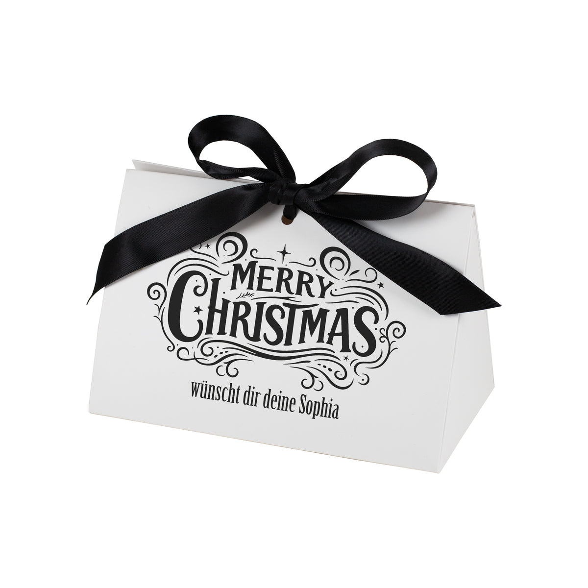 Personalisierte weiße Weihnachts-Geschenktasche mit „Merry Christmas“-Motiv und Text „wünscht dir deine Sophia“