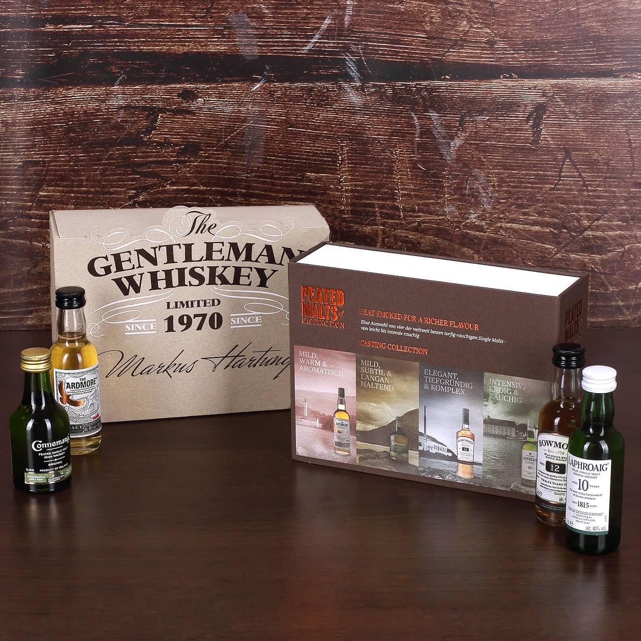 Whisky-Kollektion aus 4 weltbekannten torfigen Single Malts in Geschenkverpackung mit Wunschname und Geburtsjahr