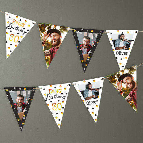 Foto Girlande zum Geburtstag in Schwarz-Gold | Wimpelkette als Geburtstagsdeko