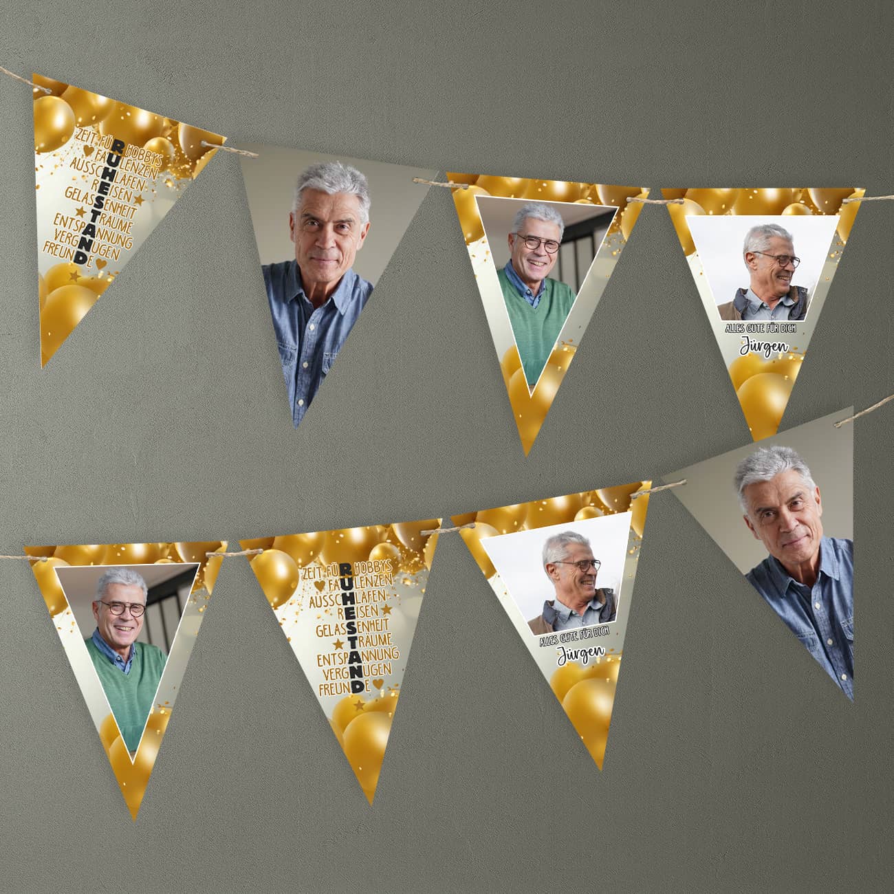 Girlande mit goldenem Ballonmotiv und Fotos zur Rente