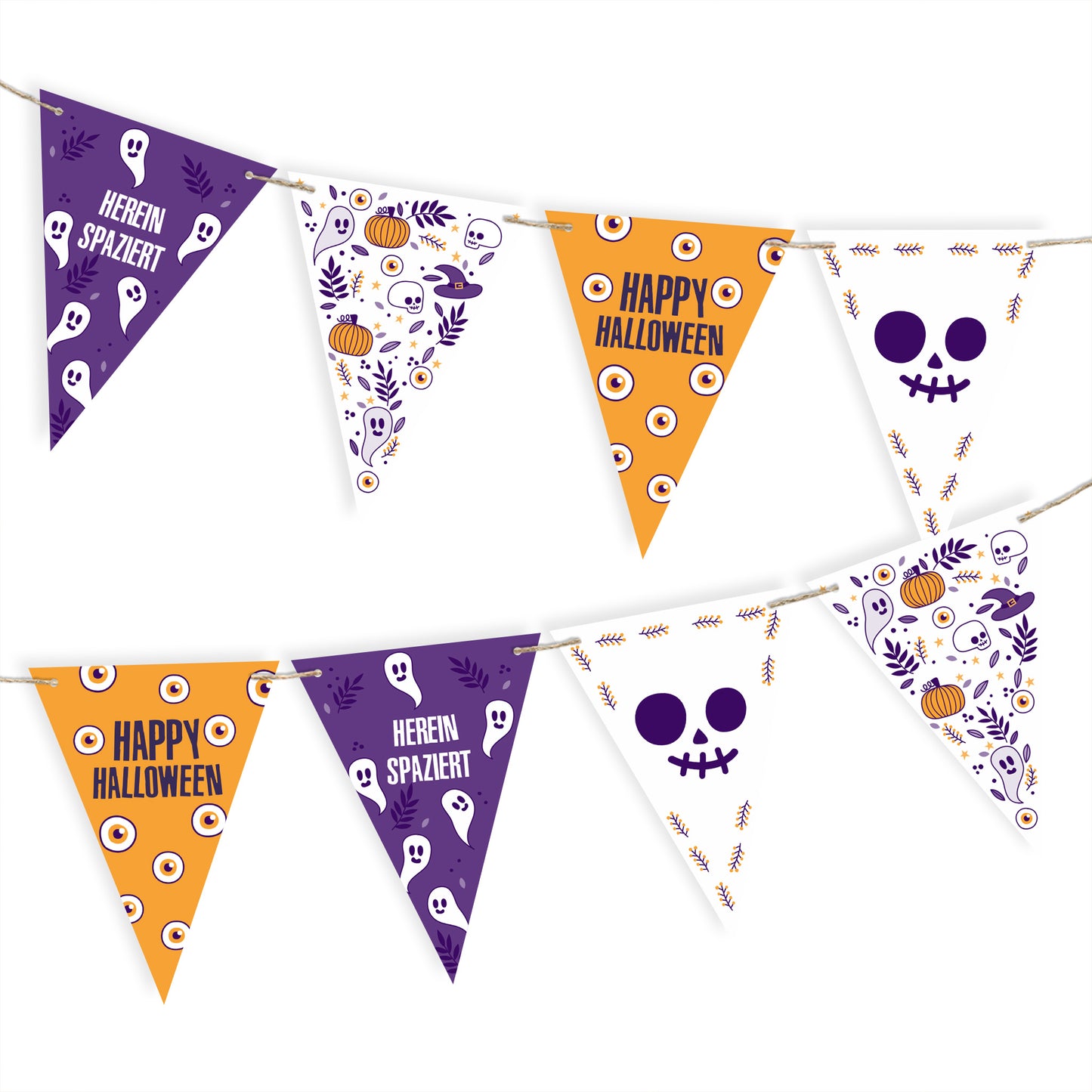 Halloween-Wimpelkette in Orange, Weiß und Lila mit Schriftzügen und Motiven – Produktaufnahme auf weißem Hintergrund.