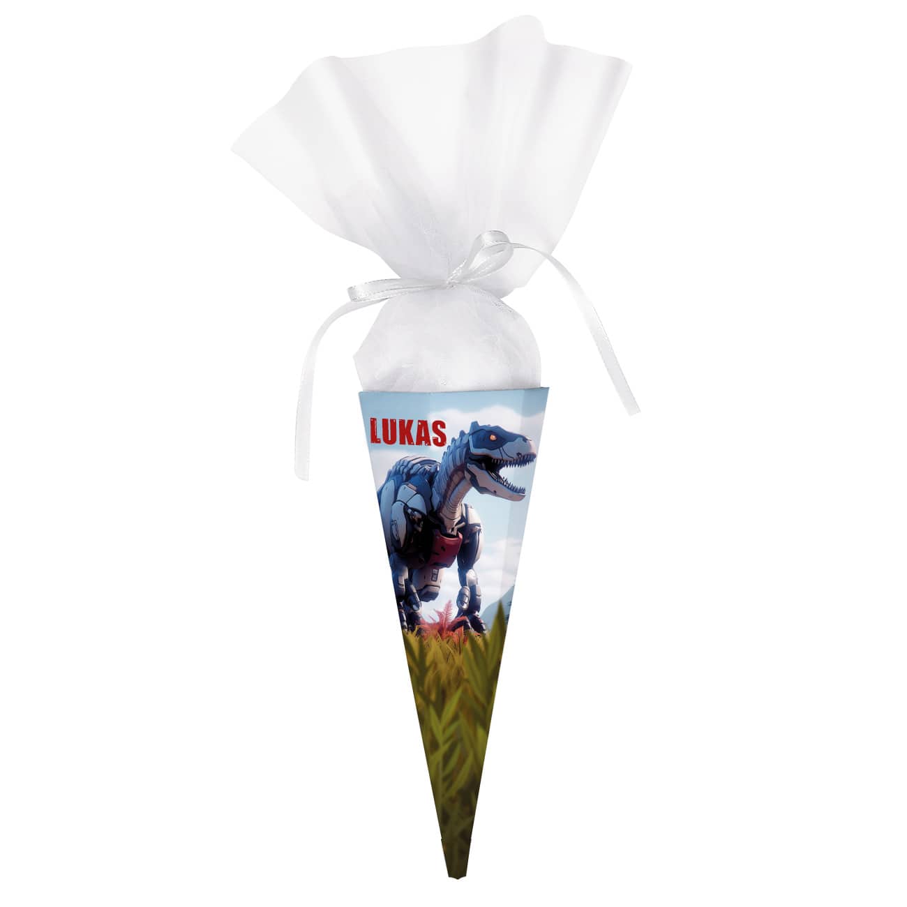 Kleine Geschwister-Schultüte mit Dinosaurier Roboter T-Rex und Name