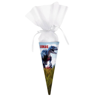 Kleine Geschwister-Schultüte mit Dinosaurier Roboter T-Rex und Name