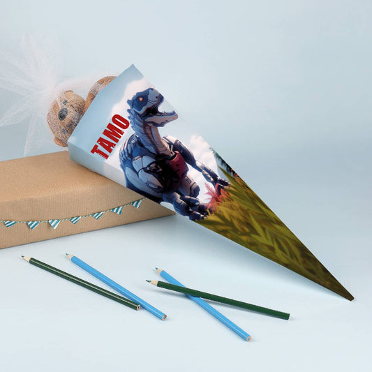 Geschwister-Schultüte mit Roboter T-Rex und Name