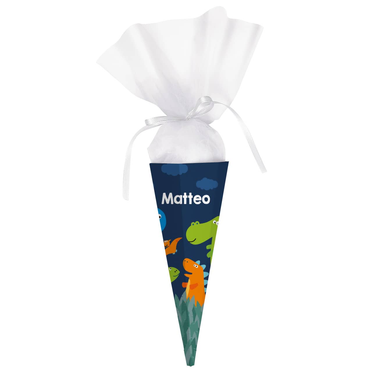 Kleine Zuckertüte mit Dinosaurier und Ihrem Namen bedruckt