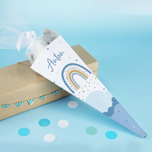 Kleine Schultüte für Geschwister mit Regenbogen und Name bedruckt