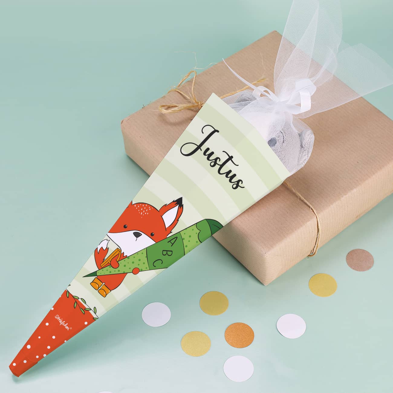 Geschwister-Schultüte mit Fuchs und Name bedruckt