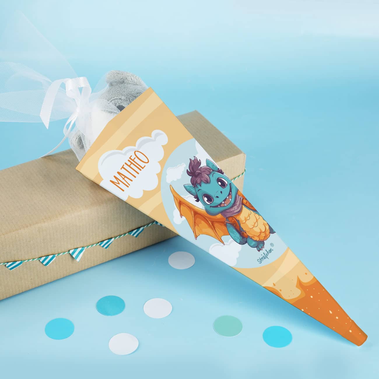 Kleine Geschwistertüte mit niedlichem Drachenmotiv und Name