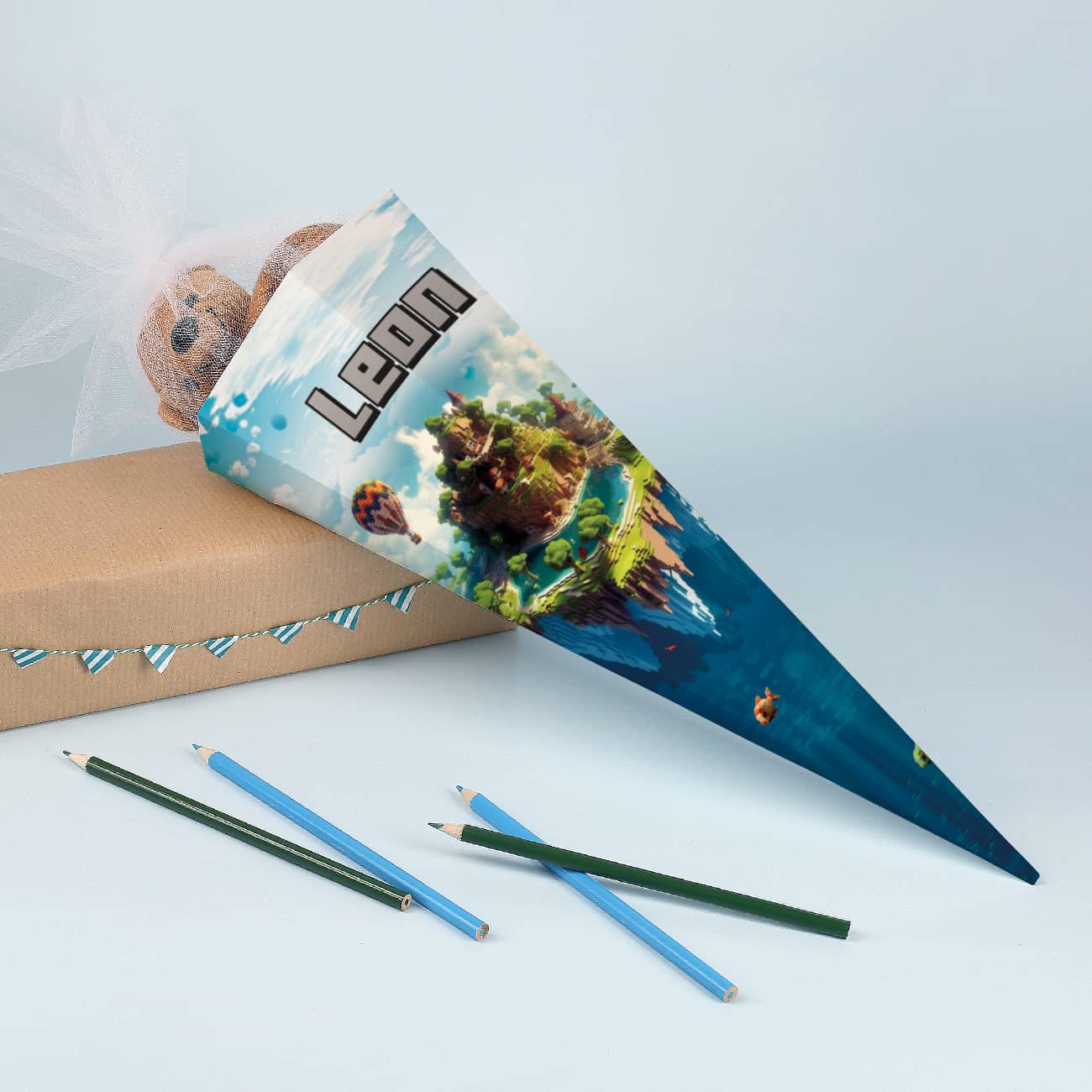 Geschwister-Schultüte Pixel-Art mit Insel und Name