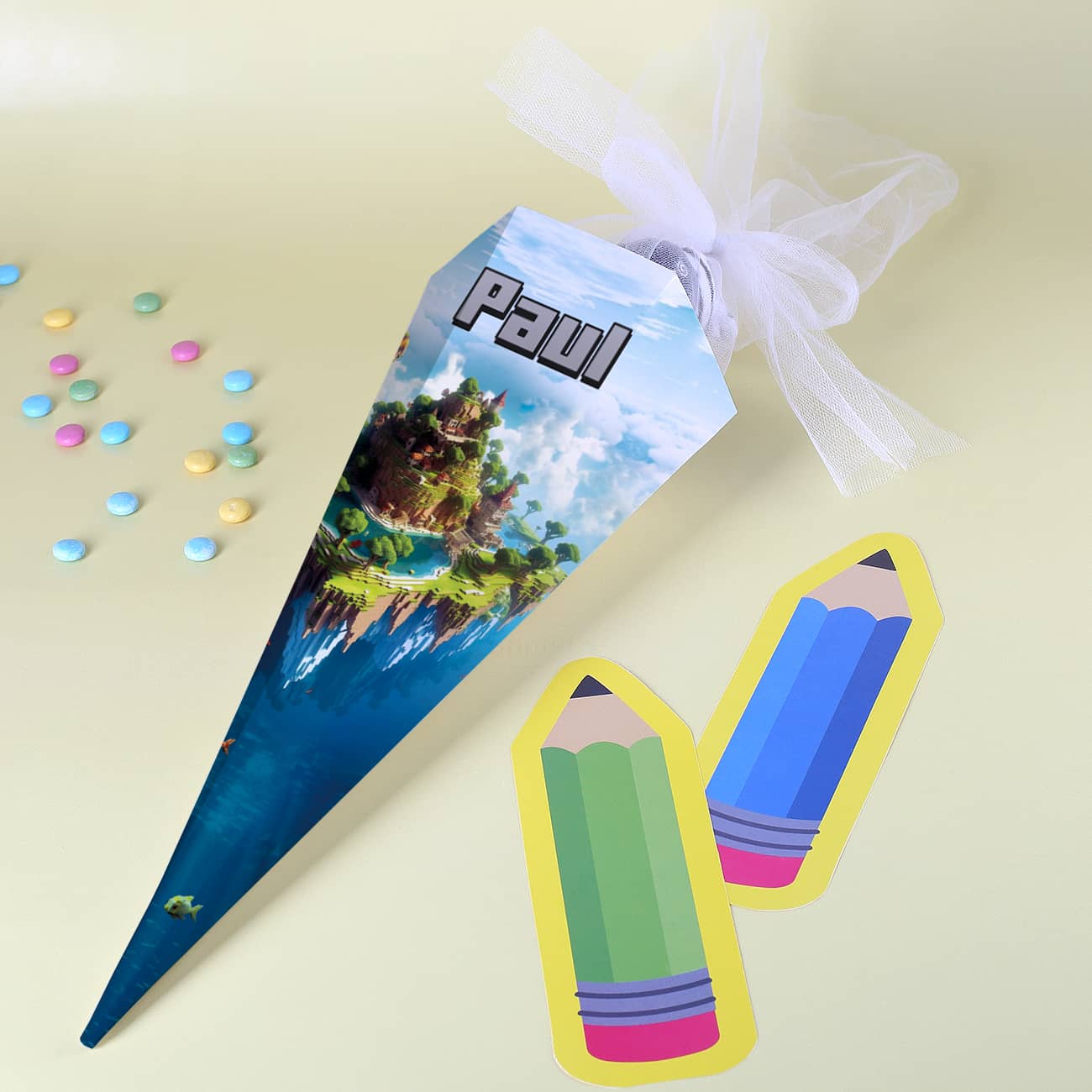 kleine Geschwister-Schultüte Pixel-Art mit Insel und Name