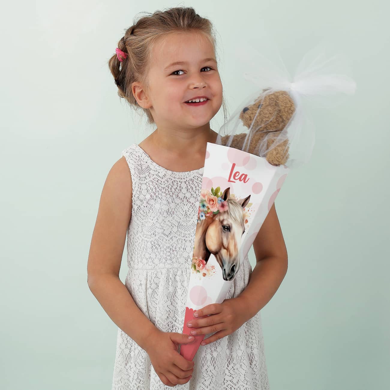 Kleine Schultüte mit Pferd, Blumen, Punkten und Name, 28 cm