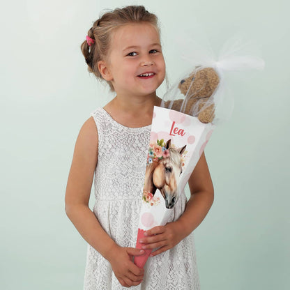 Kleine Schultüte mit Pferd, Blumen, Punkten und Name, 28 cm