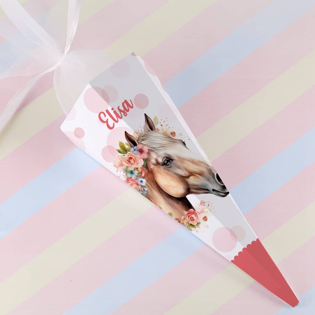 Geschwister-Schultüte mit Pferd, Blumen, Punkten und Name, 28 cm