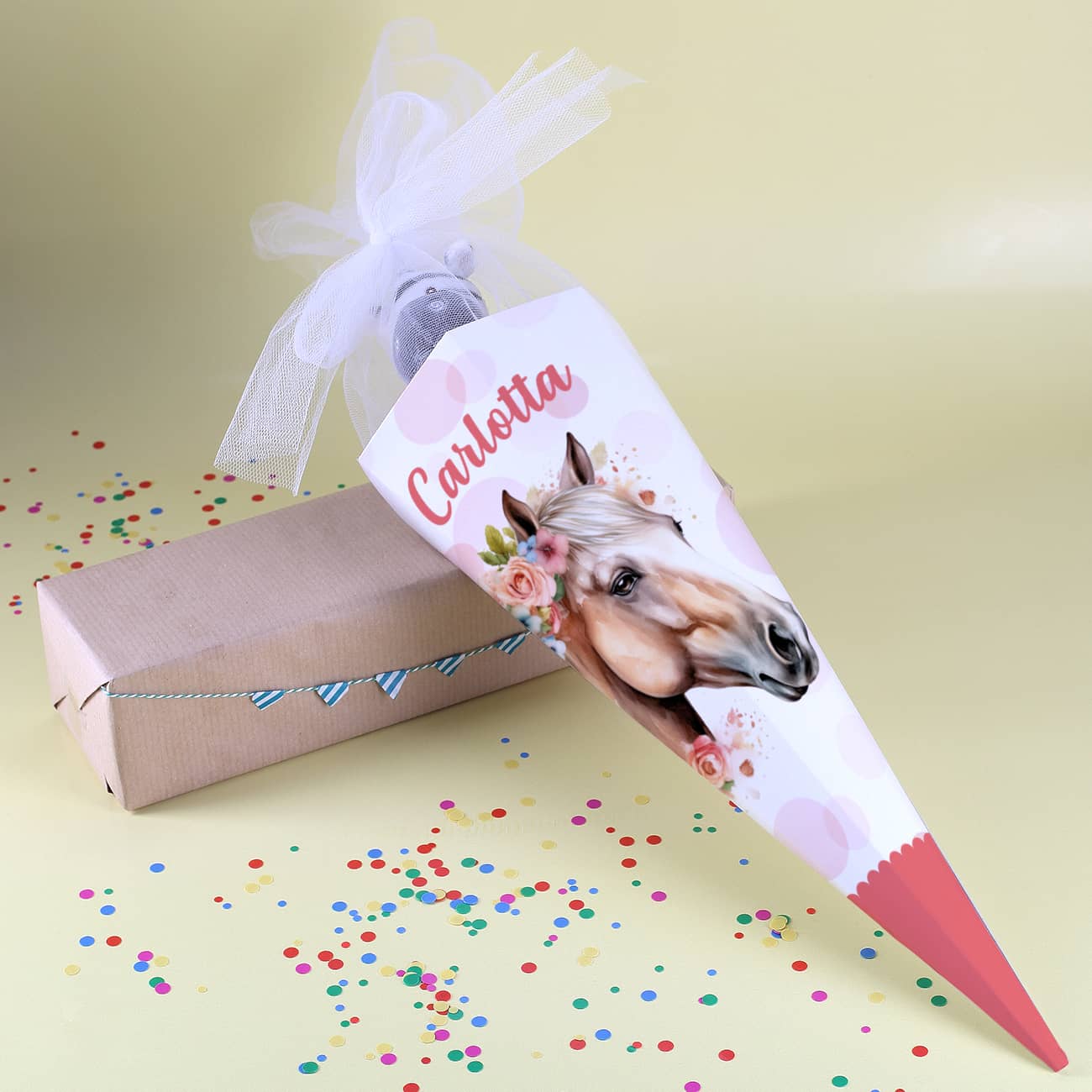 Geschwister-Schultüte mit Pferd, Blumen, Punkten und Name, 28 cm