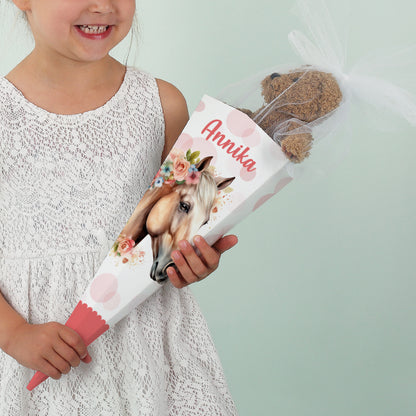 Kleine Zuckertüte mit Pferd, Blumen, Punkten und Name