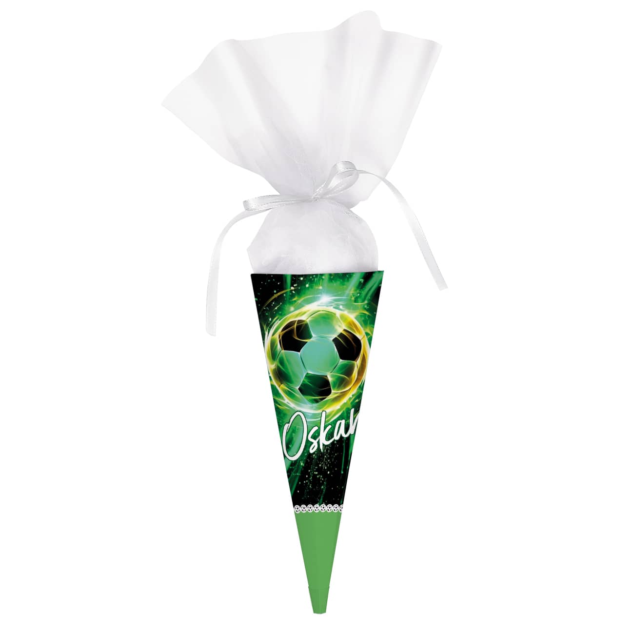 Geschwister-Schultüte mit Fußball-Motiv, Name und weißem Tüllverschluss