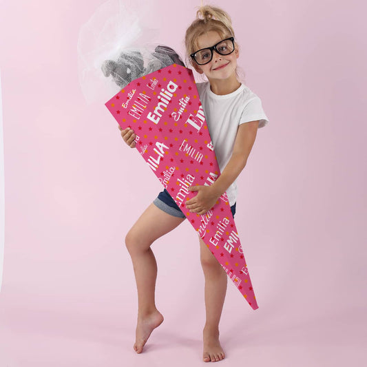 Rosa Schultüte für Mädchen mit Name in verschiedenen Schriftarten