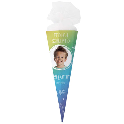 Schultüte in Tafeloptik mit Foto und Name