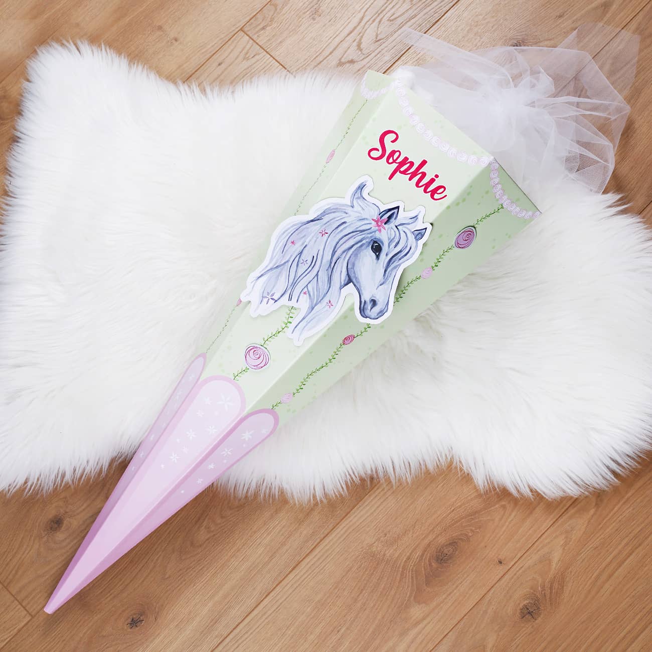 Schultüte mit 3D Schimmel, Blumen und Name