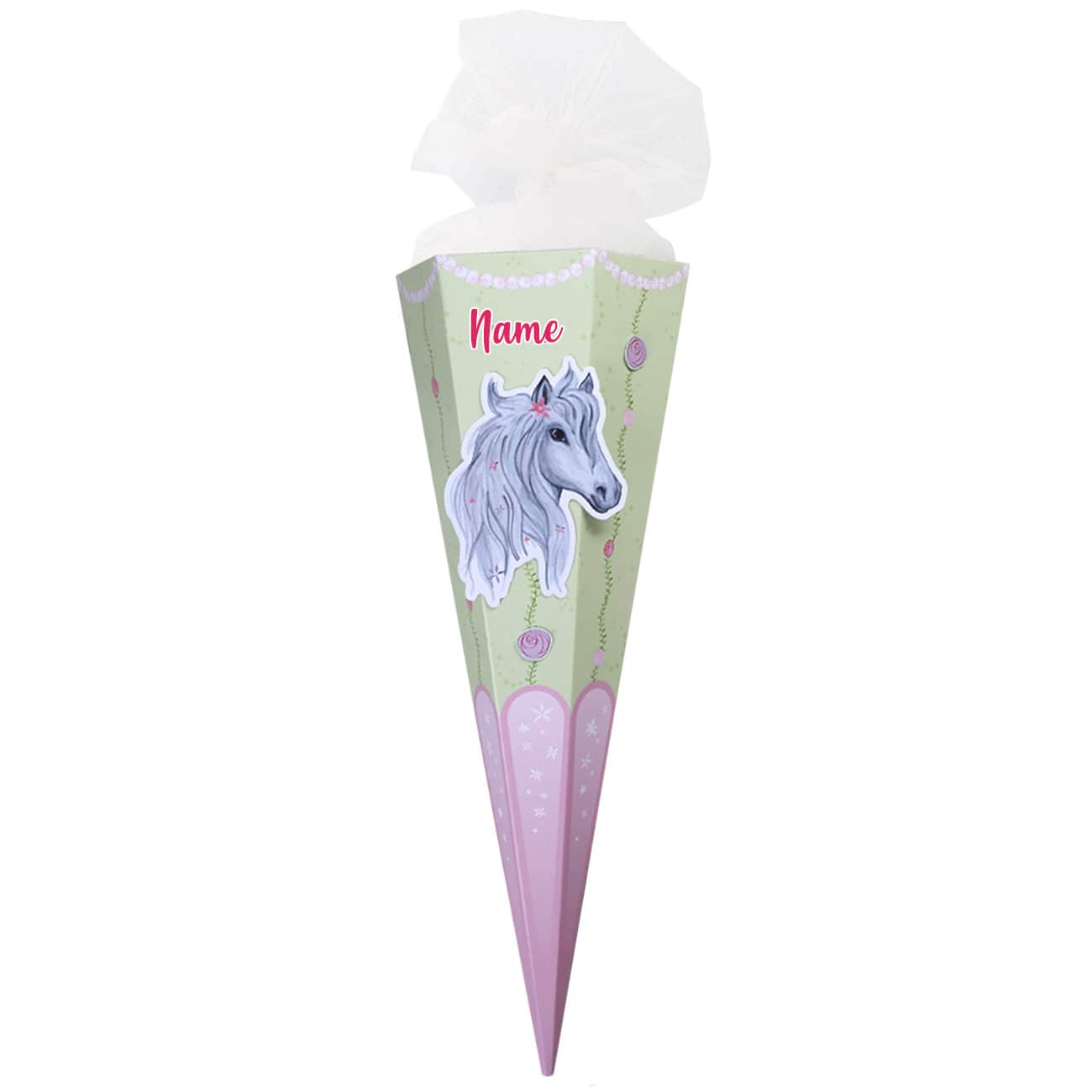 Schultüte mit 3D Watercolor-Pferd, Rosen und Name