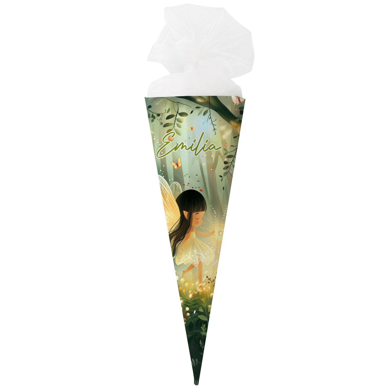 Freigestelltes Produktbild der Zuckertüte mit Waldfee und Name Emilia auf weißem Hintergrund