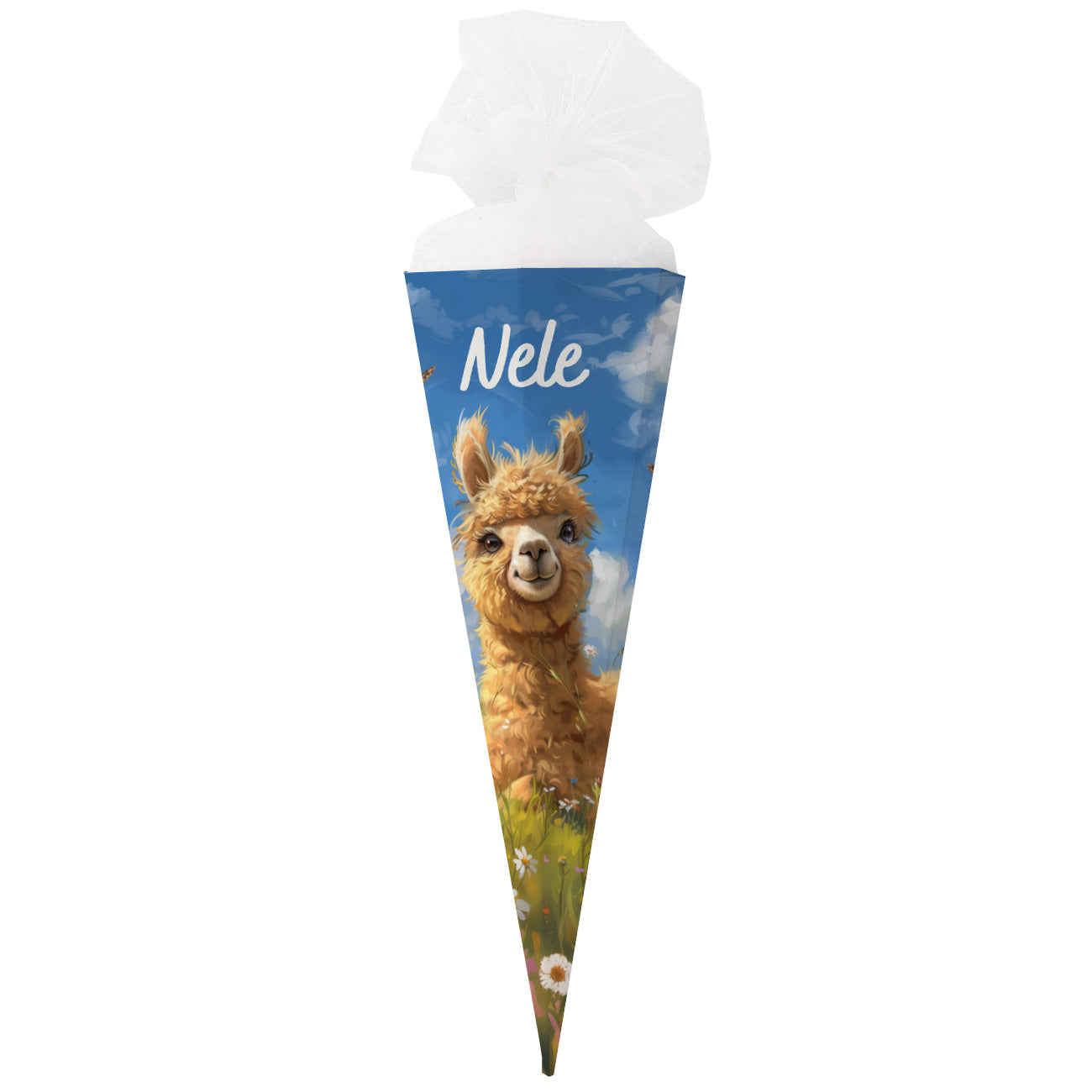Schultüte mit Alpaka-Motiv und dem Namen „Nele“ vor weißem Hintergrund, vollständig abgebildet