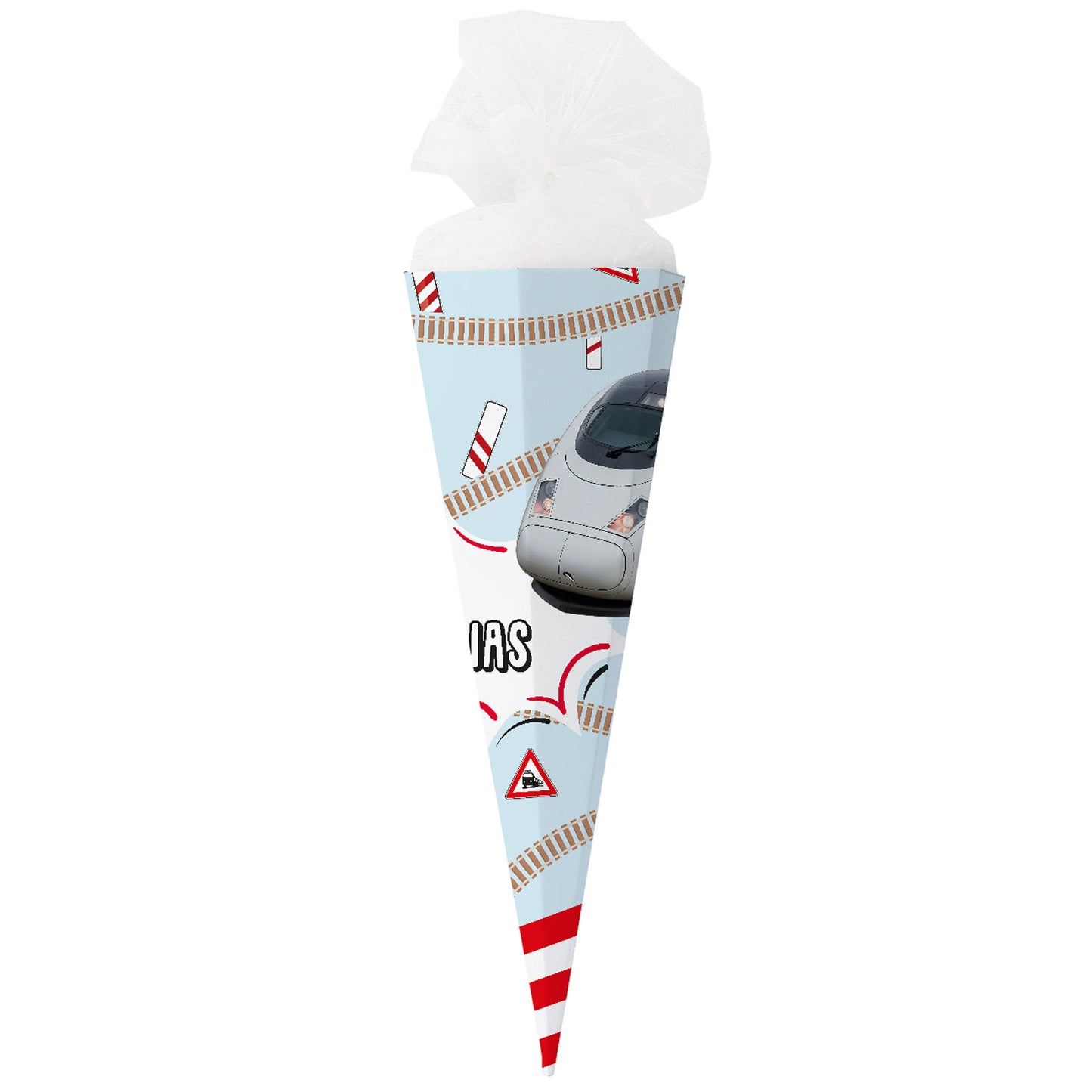 Seitenansicht der personalisierten ICE-Schultüte mit Name