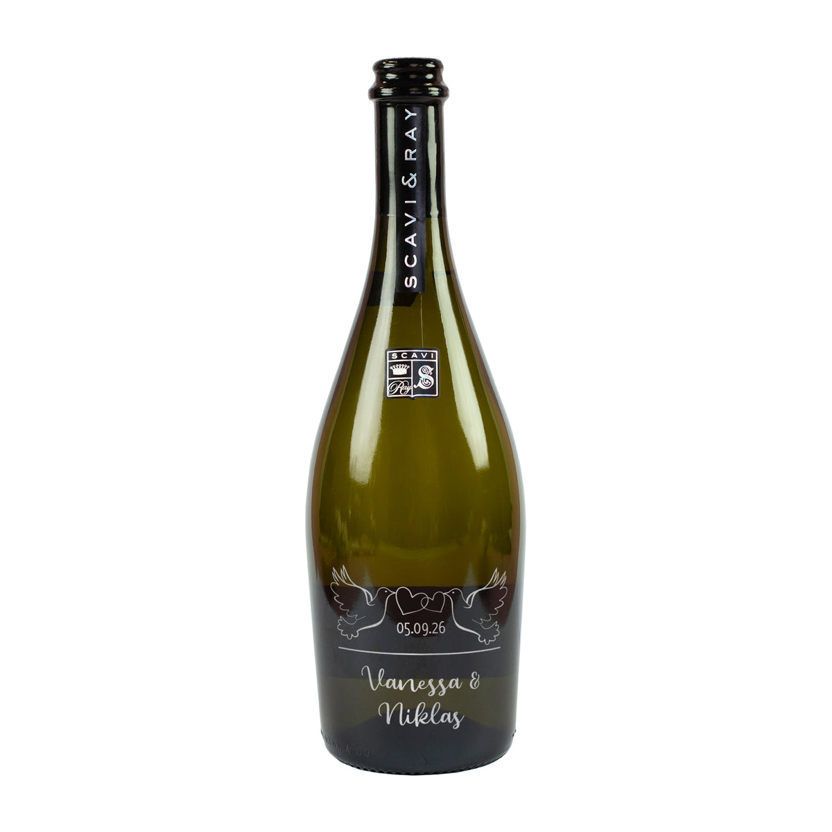 Personalisierte Scavi & Ray Prosecco-Flasche zur Hochzeit mit Taubenmotiv, Datum und Namen Vanessa & Niklas
