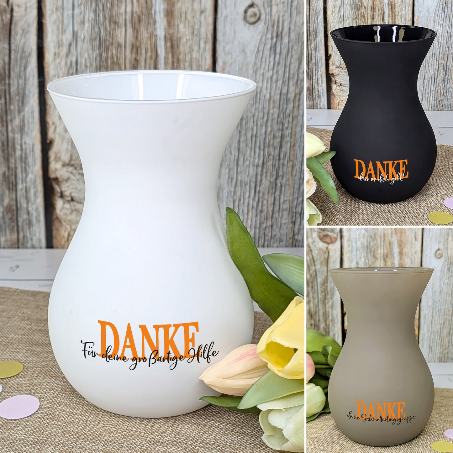 Ritzenhoff Vase mit orangefarbenem DANKE-Schriftzug und personalisierter Textzeile in allen 3 Farben dargestellt
