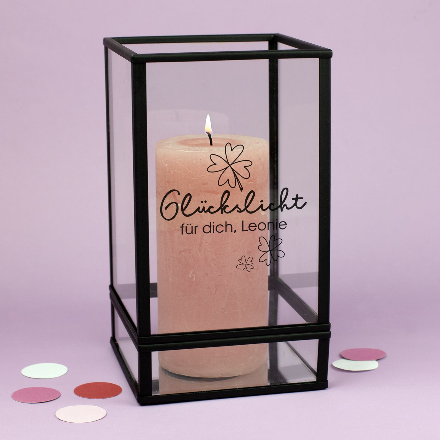 Windlicht Glückslicht mit Kerze und Wunschtext personalisiert