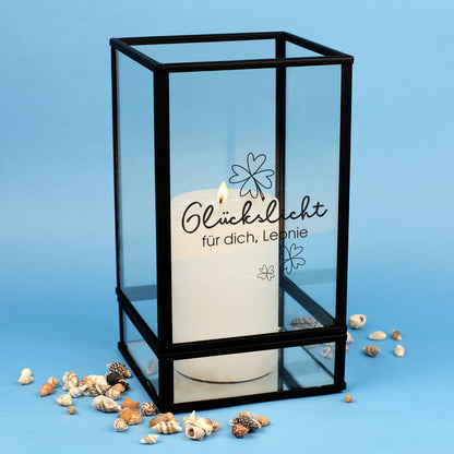 Personalisiertes Windlicht Glückslicht mit weißer Kerze und Aufdruck