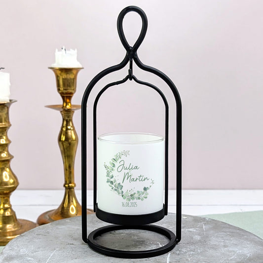 Windlicht von Ritzenhoff zur Hochzeit mit Eukalyptus-Motiv – frontal fotografiert