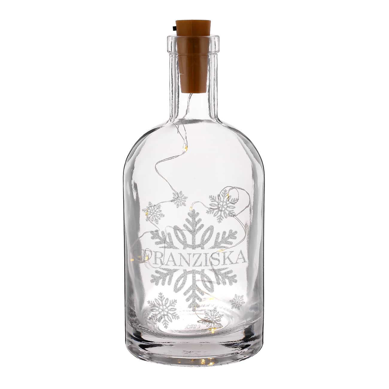 Gravierte Karaffe mit Schneeflocken und Wunschtext