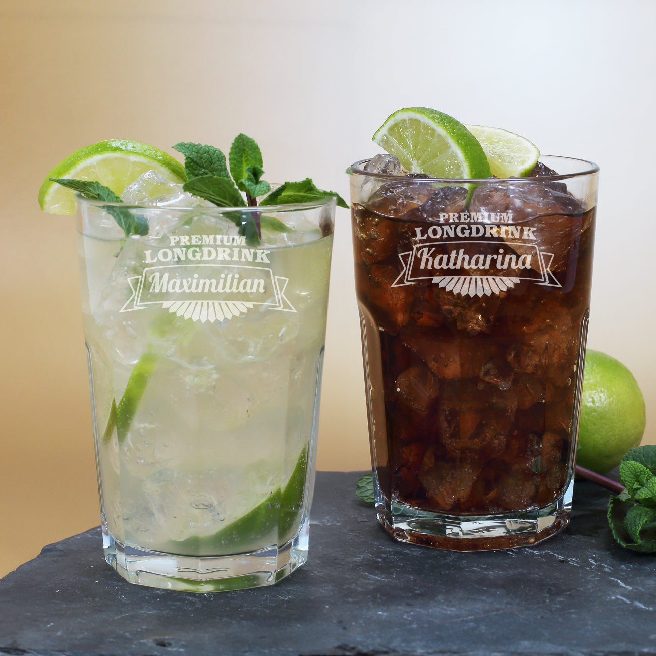 Longdrinkglas graviert mit Name und Premium Longdrink Motiv