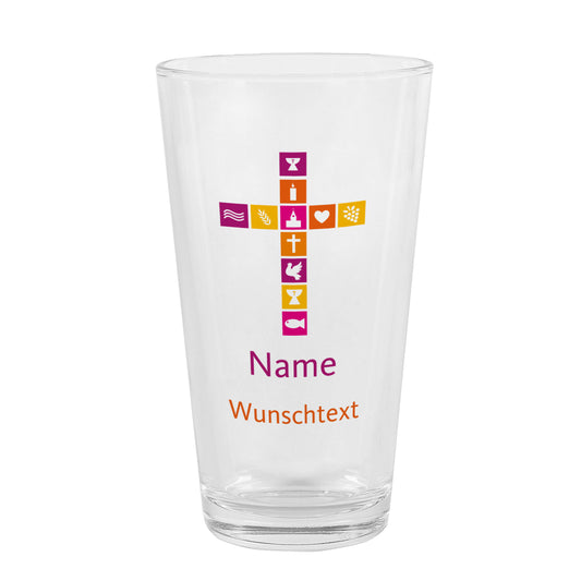 Trinkglas zur Kommunion oder Konfirmation mit Kreuz, Name und Wunschtext