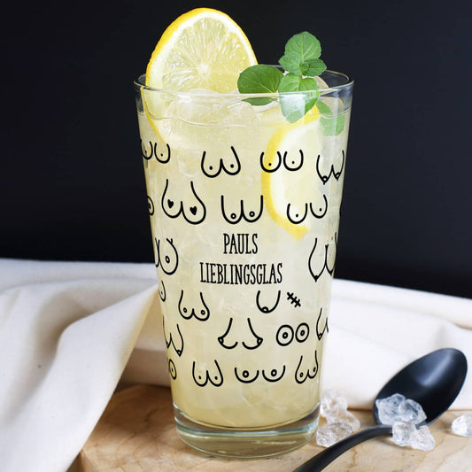 Trinkglas mit lustigem Busen Motiv und Name nach Wunsch