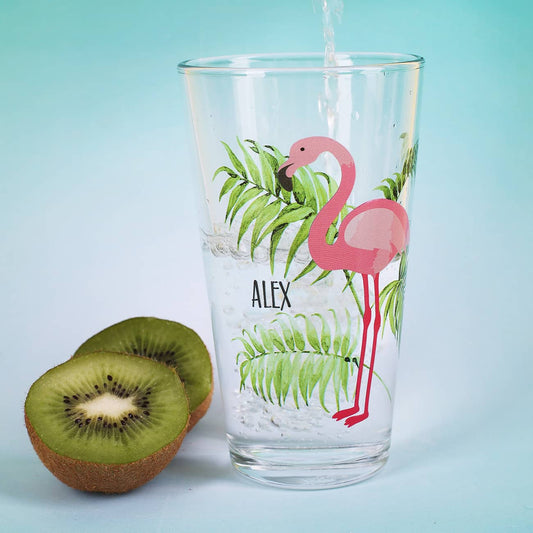 Trinkglas -Tropical- mit Flamingo und Name