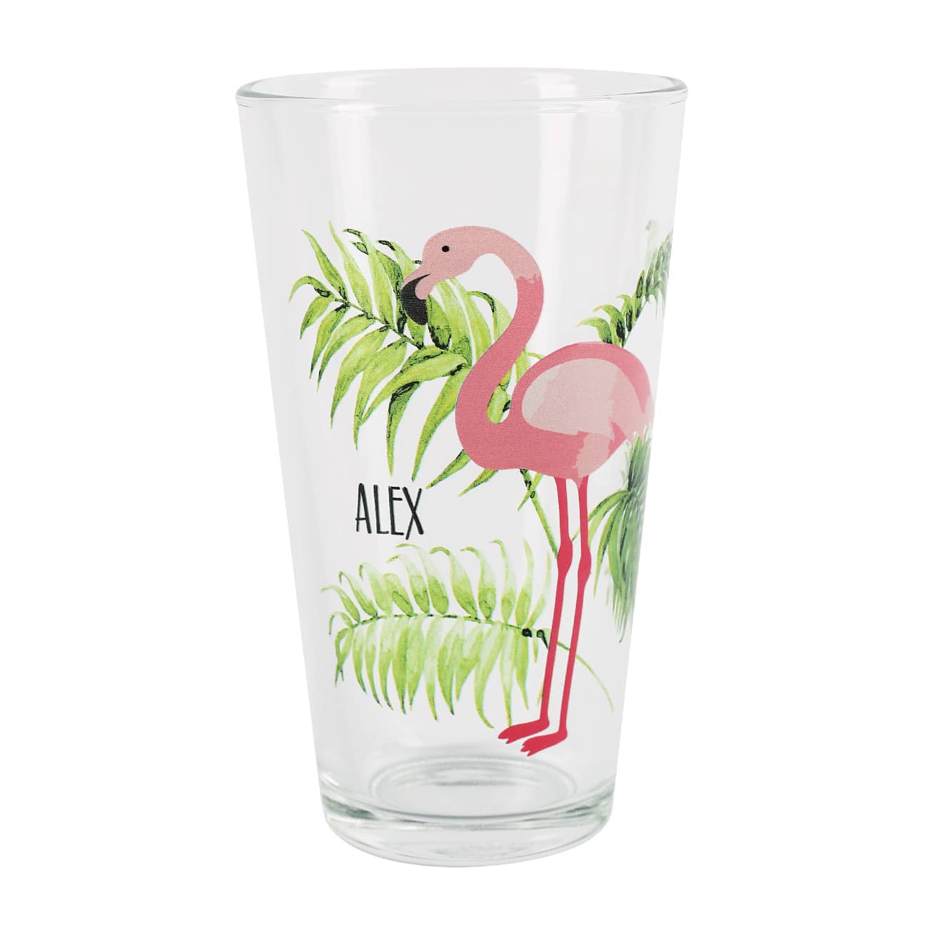 Trinkglas -Tropical- mit Flamingo und Name