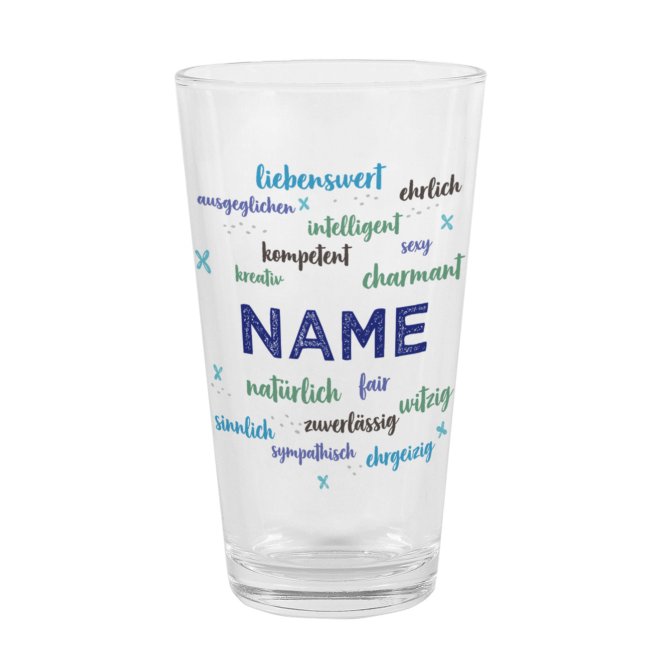 bedrucktes Trinkglas für Männer mit positiven Eigenschaften und Name 