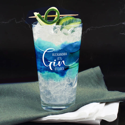 It`s Gin O`Clock Longdrinkglas umlaufend bedruckt mit Watercolour in Blau und Türkis mit Wunschname
