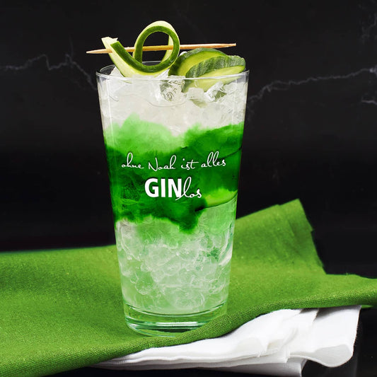 Gin-Glas für Longdrinks mit Watercolour Motiv und GINlos Spruch bedruckt