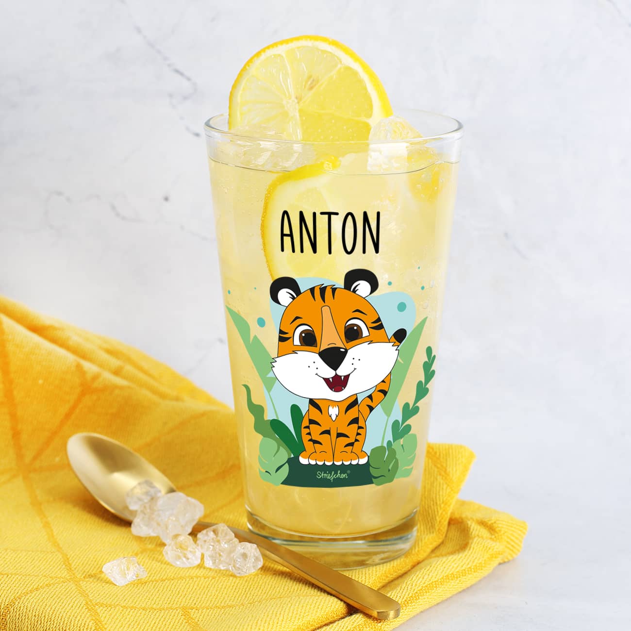 Trinkglas mit Tiger und Name bedruckt