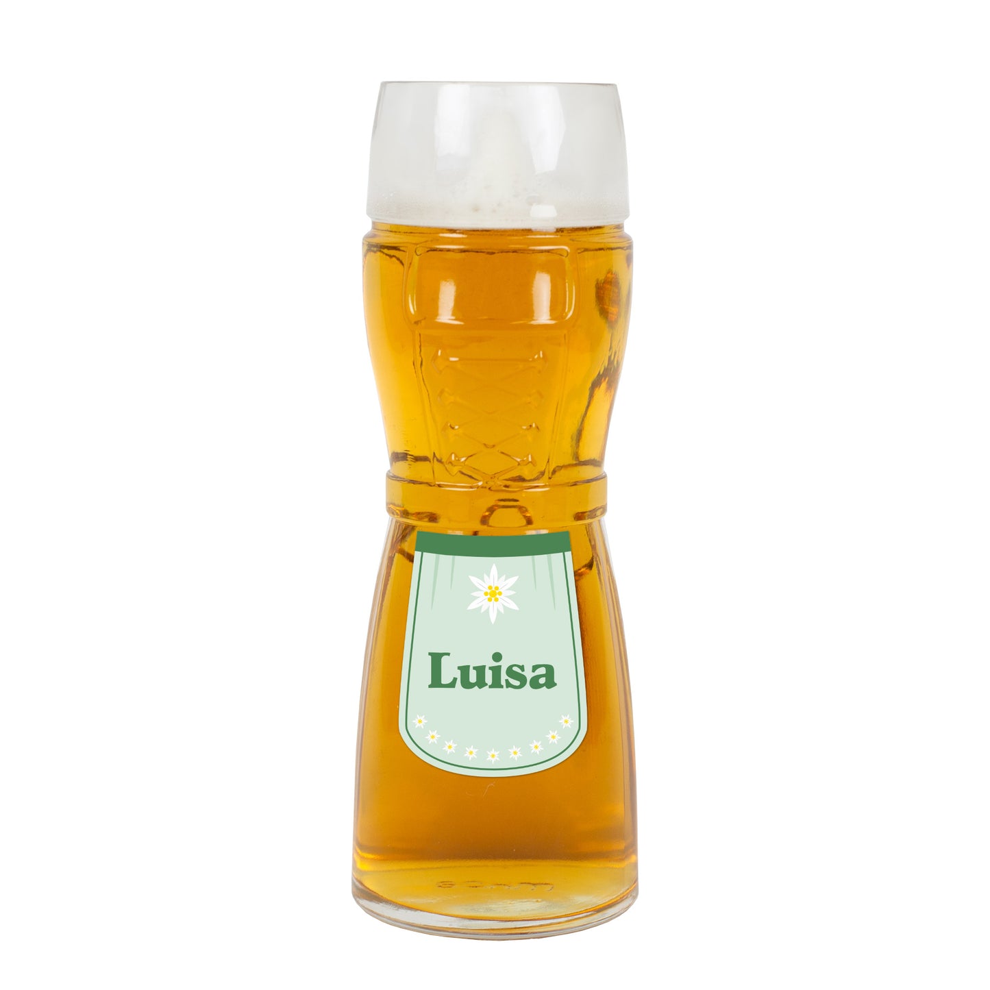 Dirndl-Bierglas mit Schürze, Edelweiß & Name personalisiert in 3 Farben | Geschenk für Frauen