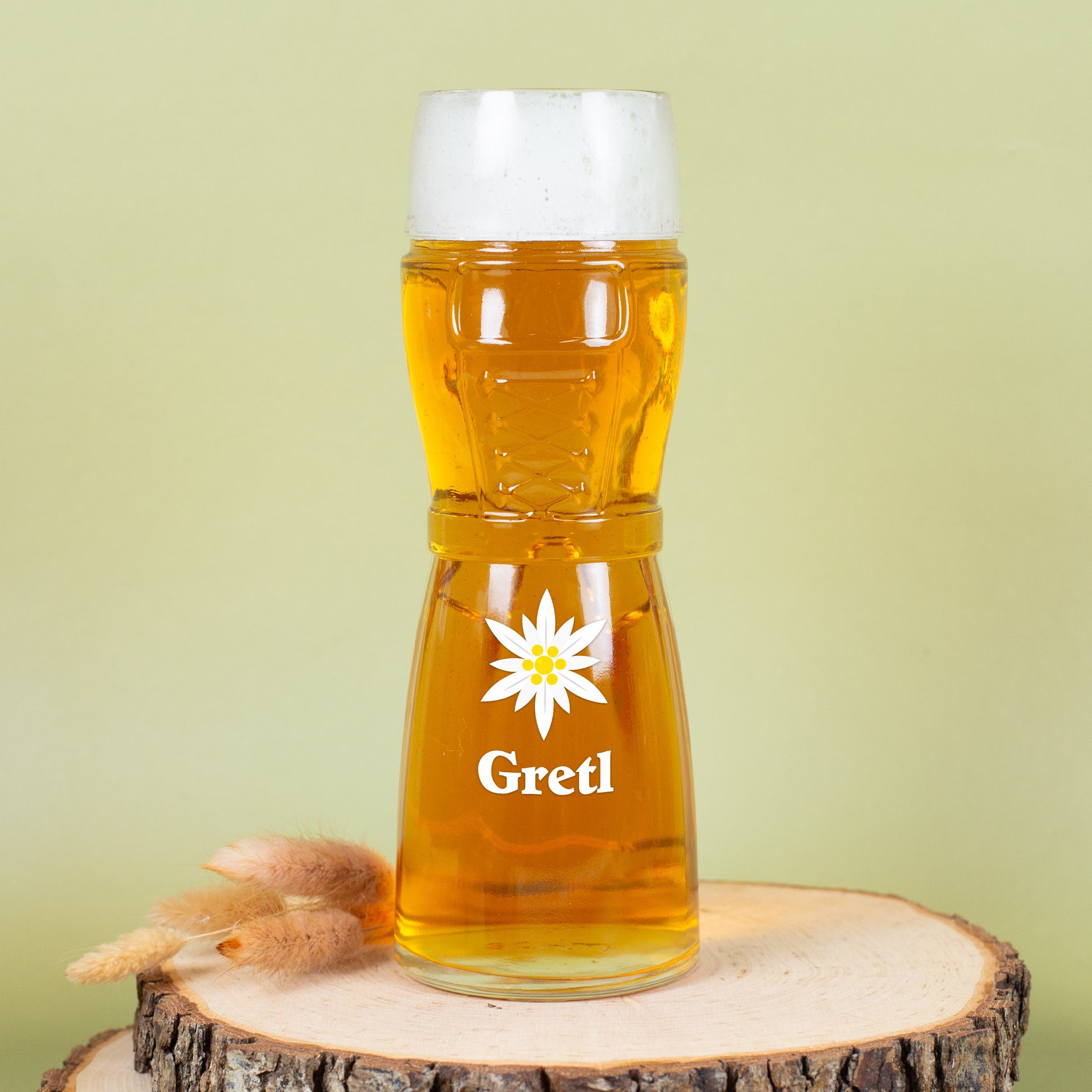 Bierglas Dirndl mit Edelweiß und Name Gretl personalisiert