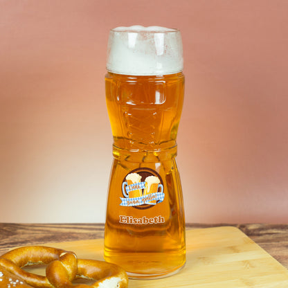 Personalisiertes Bierglas im Design einer Lederhose oder Dirndl mit Name | Oans, zwoa, gsuffa!