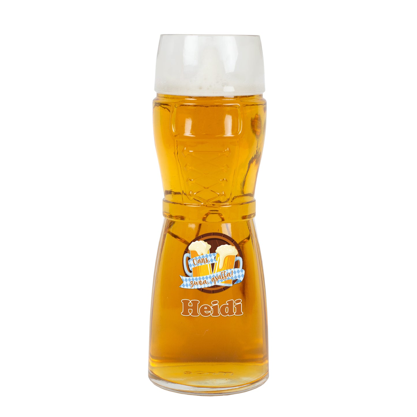 Bierglas im Dirndl-Design auf weißem Hintergrund, bedruckt mit bayerischem Motiv und personalisiertem Namen