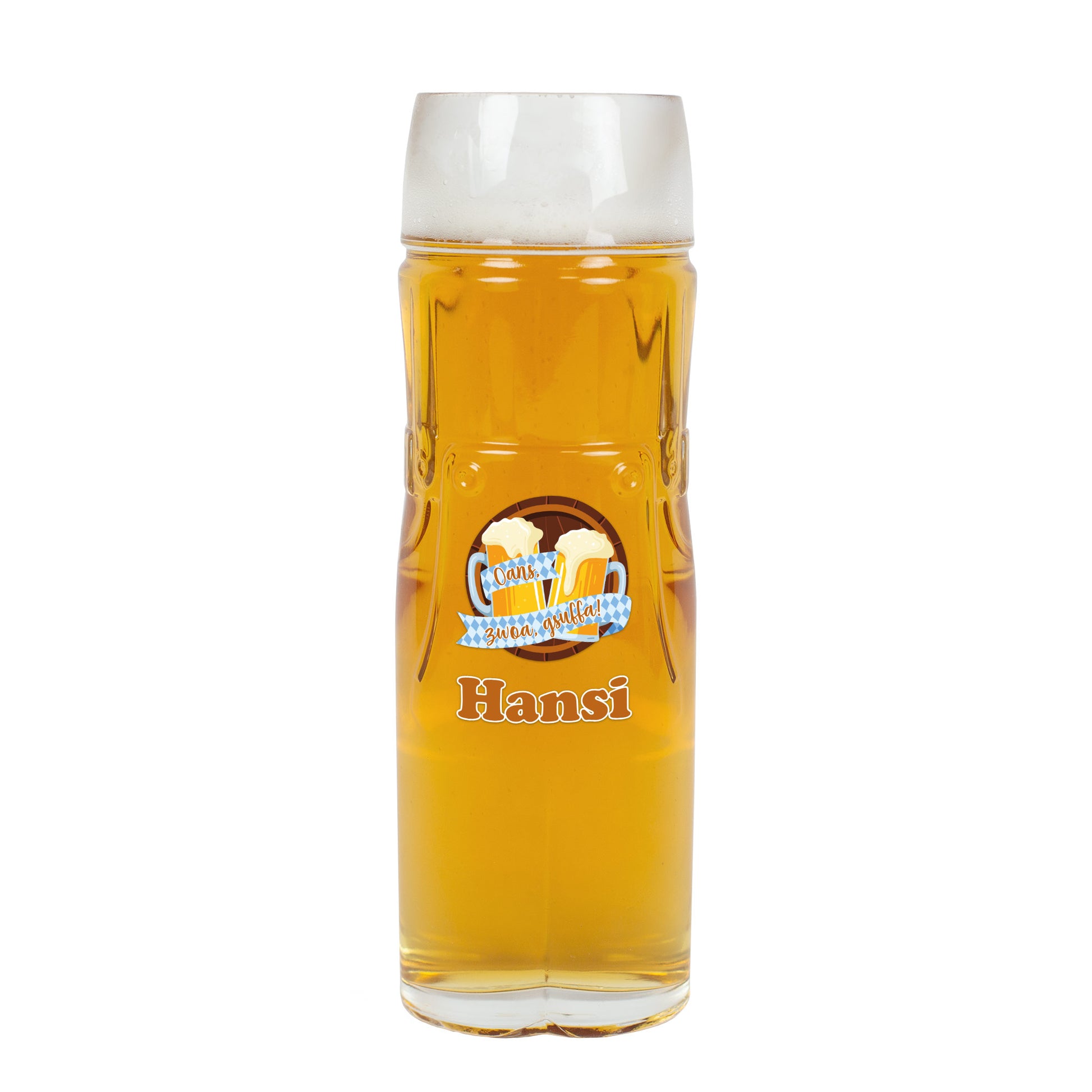 Lederhosen-Bierglas auf weißem Hintergrund, bedruckt mit festlichem Motiv und personalisiertem Namen