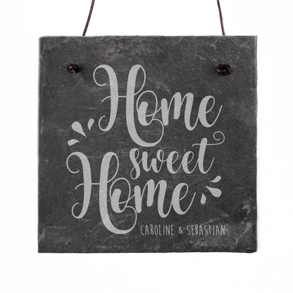 Schieferplatte mit Wunschnamen und Home sweet Home Gravur